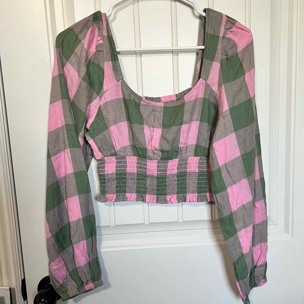 BP Plaid Square Neck Smocked Crop Top Long Sleeve Pink Green Womens Size S - Picture 2 of 6